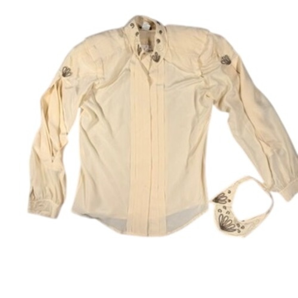 Levante Beaded Silk Blouse 4 Women Cream Shoulder Pads NWT